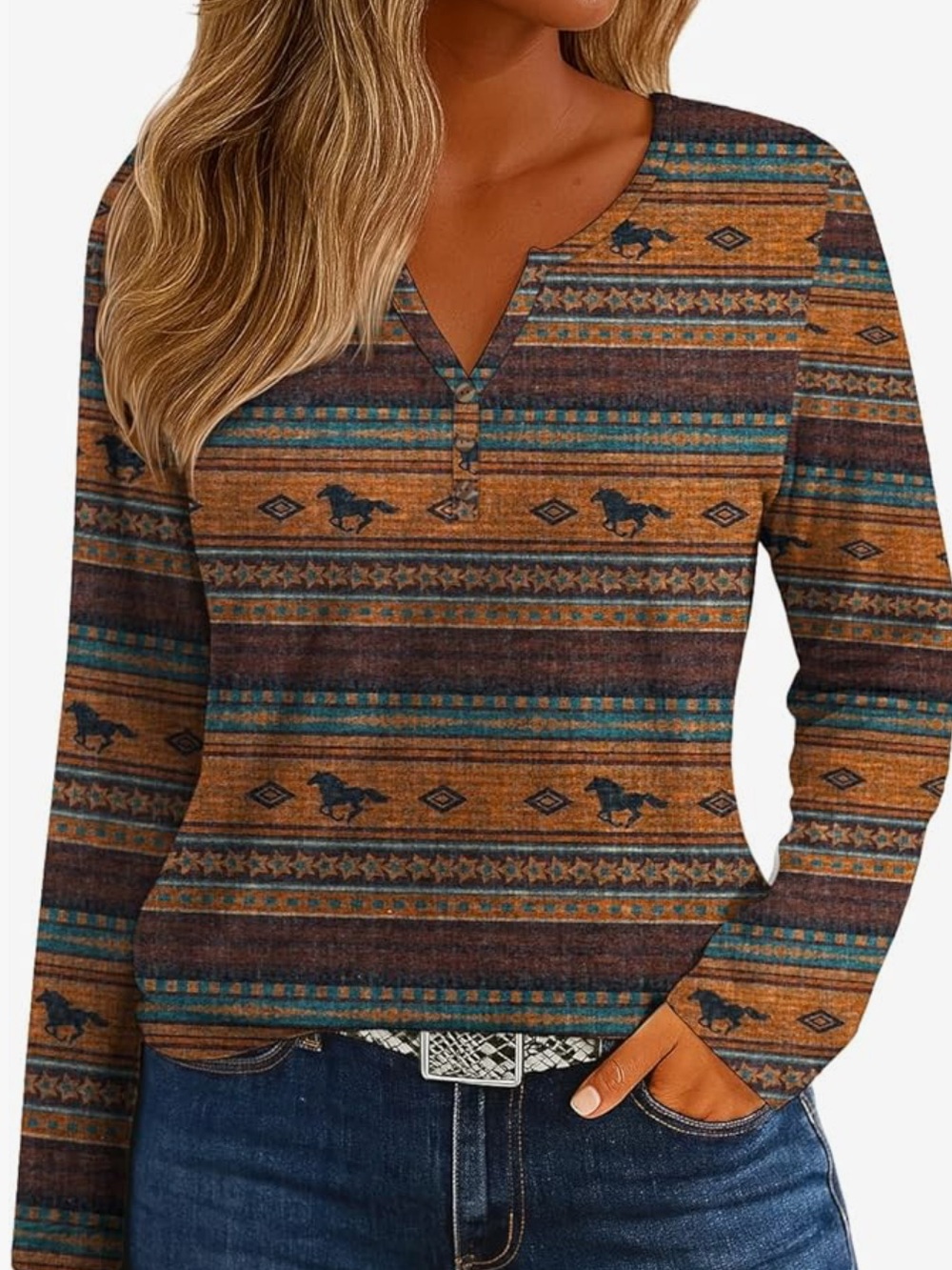 Chic Nation Brown & Teal Aztec Horse-Print Long Sleeve Top